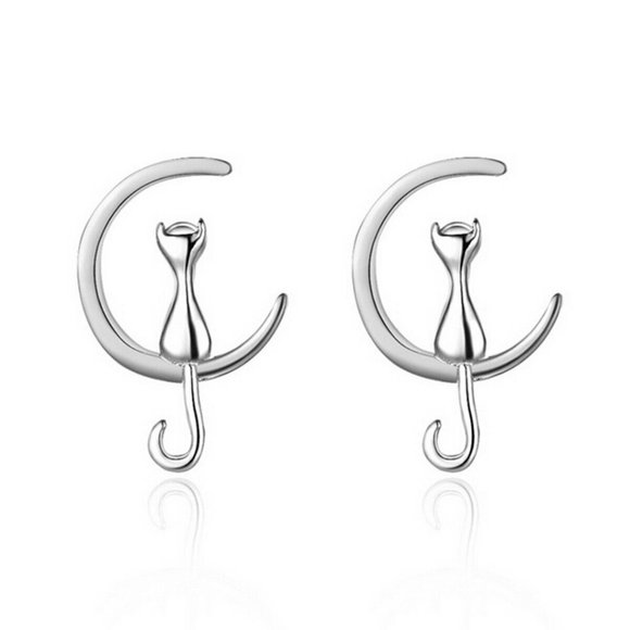 Jewelry - NWOT Silver Moon Cat Stud Earrings